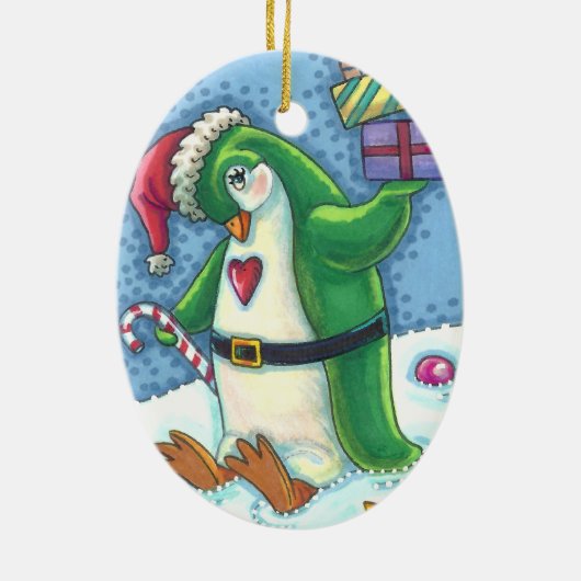 NIEDLICHE CHRISTMAS PENGUIN IN GRÜN, URLAUB KERAMIK ORNAMENT (Hinten)