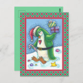 NIEDLICHE CHRISTMAS PENGUIN IN GRÜN, URLAUB POSTKARTE (Vorne/Hinten)