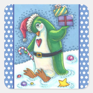 NIEDLICHE CHRISTMAS PENGUIN IN GRÜN, URLAUB QUADRATISCHER AUFKLEBER