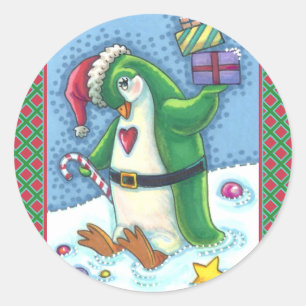NIEDLICHE CHRISTMAS PENGUIN IN GRÜN, URLAUB RUNDER AUFKLEBER