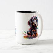 NIEDLICHE CHRISTMAS URLAUB DACKEL PUPPY HUND ZWEIFARBIGE TASSE (VorderseiteRechts)