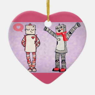 Niedliche Comic Style Vintage Valentintagroboter Keramik Ornament