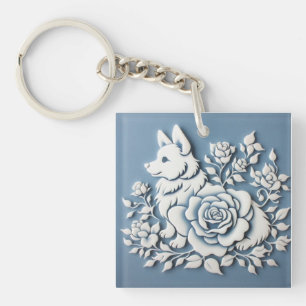 Niedliche Corgi 3D-Chinoiserie Rose Akryllischer S Schlüsselanhänger