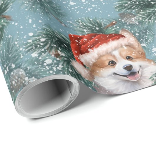 Niedliche Corgi Hund Weihnachtsmannmütze Feuerrinn Geschenkpapier (Rolleneckpunkt)