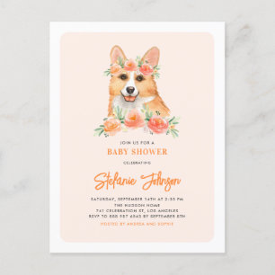 Niedliche Corgi Peach Floral Baby Dusche Einladungspostkarte