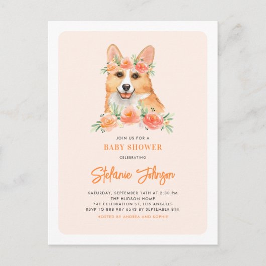 Niedliche Corgi Peach Floral Baby Dusche Einladungspostkarte (Vorderseite)