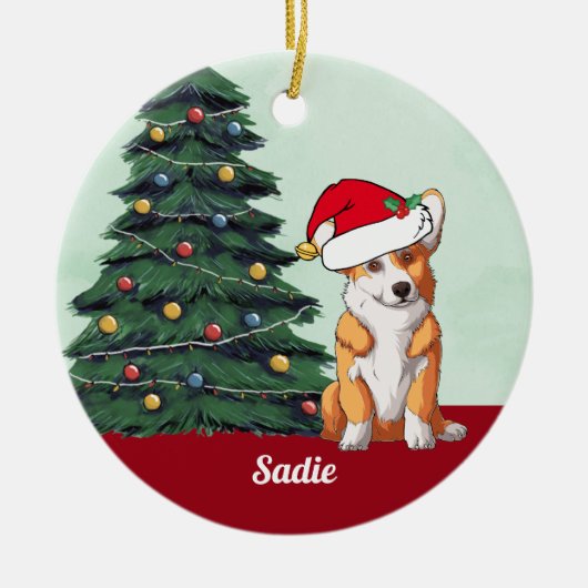 Niedliche Corgi Weihnachtsmannmütze Mit Monogramm Keramik Ornament (Vorne)