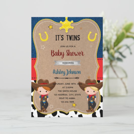 Niedliche Cowboy-Zwillinge laden ein Einladung (Stehend Vorderseite)