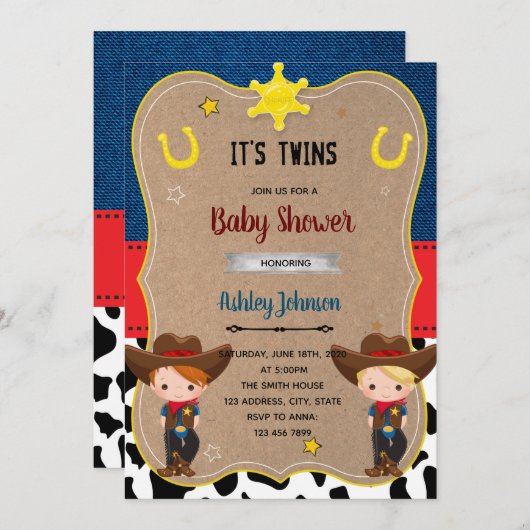 Niedliche Cowboy-Zwillinge laden ein Einladung (Vorne/Hinten)