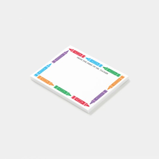 Niedliche Crayon-Grenze vom Schreibtisch des Lehre Post-it Klebezettel (angewinkelt)