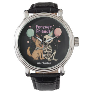 Niedliche Creepy Skeleton Hugging German Shepherd  Armbanduhr