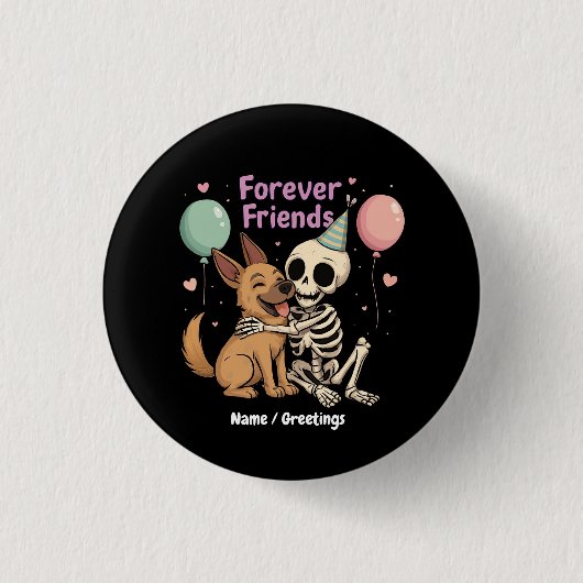 Niedliche Creepy Skeleton Hugging German Shepherd Button (Vorderseite)