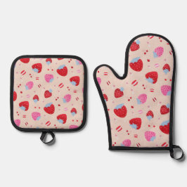 Niedliche Creme mit süßen Erdbeeren Kirschen Ofenhandschuh & Topflappen-Set