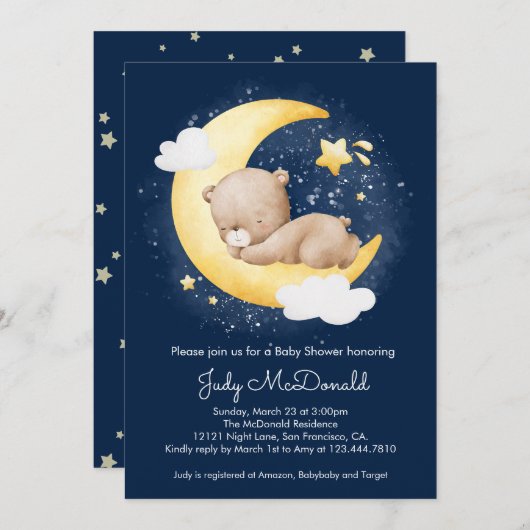 Niedliche Crescent Navy Moon Teddy Bear Baby Dusch Einladung (Vorne/Hinten)