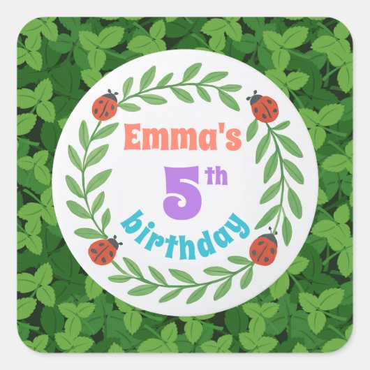 Niedliche Custom Ladybug & Leaf 5. Geburtstag Quadratischer Aufkleber (Vorderseite)