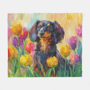 Niedliche Dackel Farbenfrohe Tulips Malerei Fleecedecke