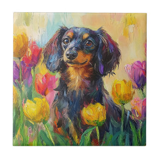 Niedliche Dackel Farbenfrohe Tulips Malerei Fliese