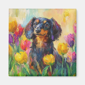 Niedliche Dackel Farbenfrohe Tulips Malerei Magnet