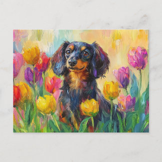 Niedliche Dackel Farbenfrohe Tulips Malerei Postkarte