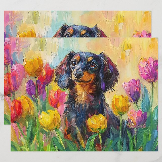Niedliche Dackel Farbige Tulips Scrapbook Paper (Vorne/Hinten)