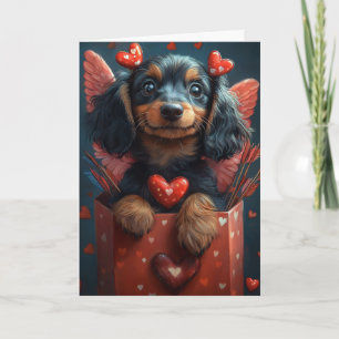 Niedliche Dackel im Cupid Kostüm Valentinstag Karte