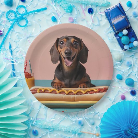 Niedliche Dackel mit Hot Dog Pappteller (Party)
