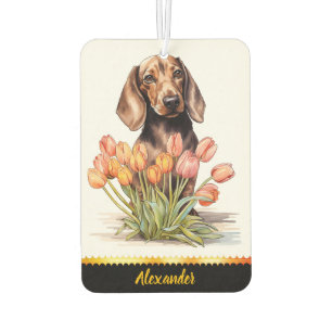 Niedliche Dackel mit Tulpen, die Freude im Haus br Autolufterfrischer