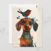 Niedliche Dackel mit Vogelhandgemälde Postkarte (Vorne/Hinten)