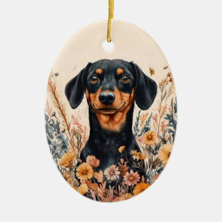 Niedliche Dackel mit Wildblumen Malerei Keramik Ornament