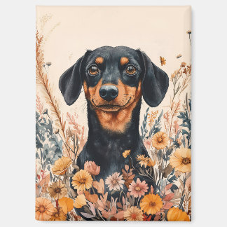 Niedliche Dackel mit Wildblumen Malerei Magnet