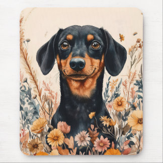 Niedliche Dackel mit Wildblumen Malerei Mousepad