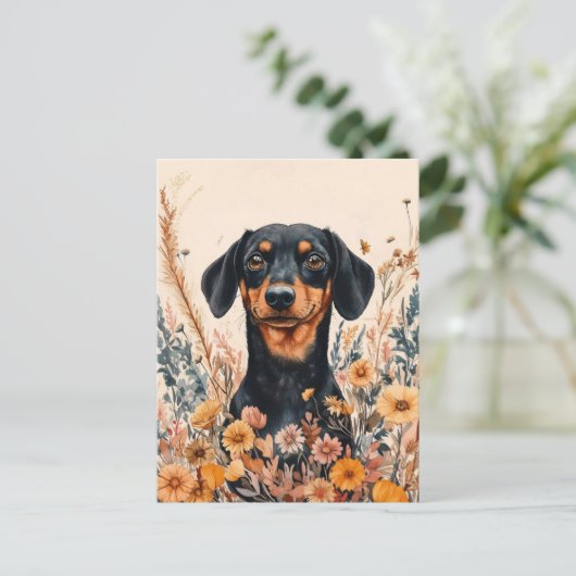 Niedliche Dackel mit Wildblumen Malerei Postkarte (Stehend Vorderseite)