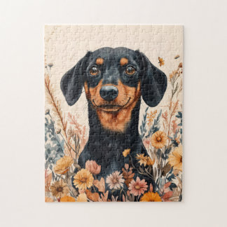 Niedliche Dackel mit Wildblumen Malerei Puzzle