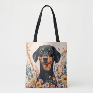 Niedliche Dackel mit Wildblumen Malerei Tasche