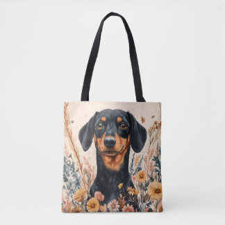 Niedliche Dackel mit Wildblumen Malerei Tasche