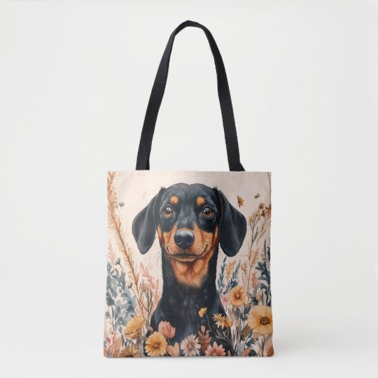 Niedliche Dackel mit Wildblumen Malerei Tasche (Vorderseite)