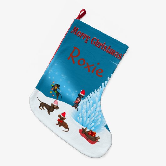 Niedliche Dackel Personalisierter Strumpf Großer Weihnachtsstrumpf (Vorderansicht (hängend))
