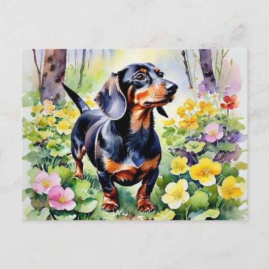 Niedliche Dackel Wurst Hunde Frühling Primrose Blu Postkarte (Vorderseite)