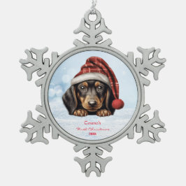 Niedliche Dackeln Welpen Hund Weihnachtsmannmütze Schneeflocken Zinn-Ornament