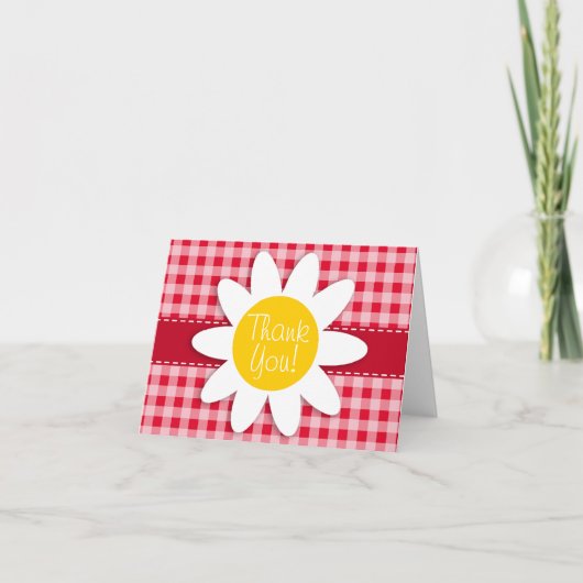 Niedliche Daisy auf Retro Scarlet Red Gingham Patt Dankeskarte (Vorderseite)