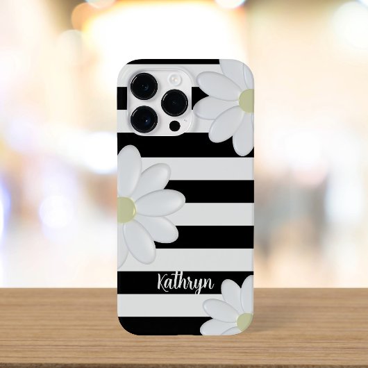 Niedliche Daisy-Floral Black und White Stripes Case-Mate iPhone Hülle
