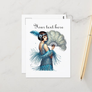 Niedliche Dame fügt Text hinzu Postkarte