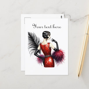 Niedliche Dame fügt Text hinzu Postkarte