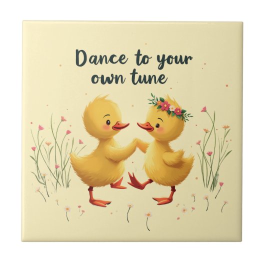 Niedliche Dancing Ducklings mit floralen Frühlings Fliese (Vorderseite)