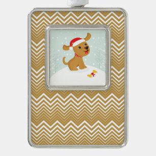 Niedliche Darstellung eines Welpen im Schnee Rahmen-Ornament Silber