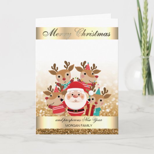 Niedliche Deeers, Santa Gold Bokeh Feiertagskarte (Vorderseite)