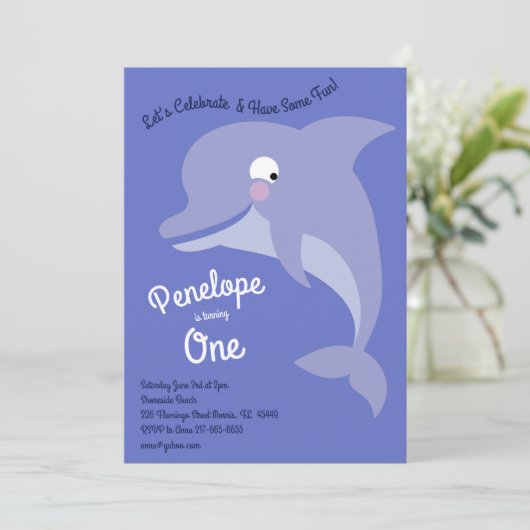 Niedliche Delphinkinder 1. Geburtstag Party Einladung (Stehend Vorderseite)