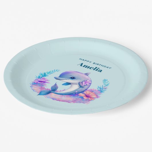 Niedliche Delphinkreatur Geburtstag Pappteller (Schrägansicht)
