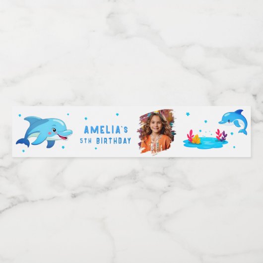 Niedliche Delphintiere Foto Geburtstagsparty Wasserflaschenetikett (Einzelnes Label)