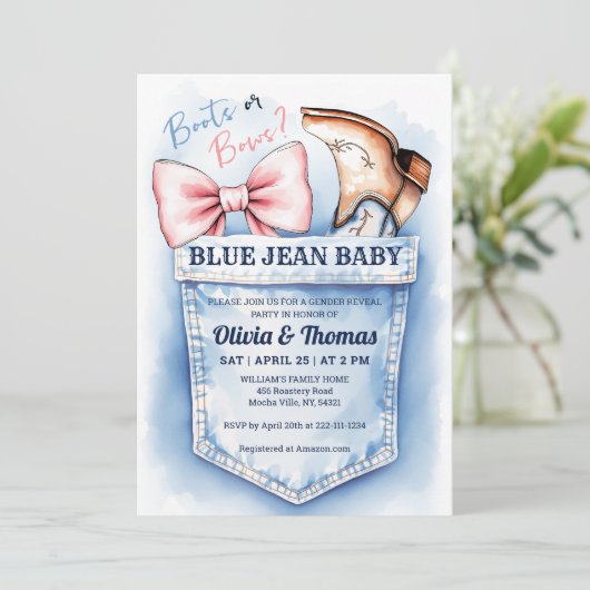 Niedliche Denim Boots- oder Bows-Gender-Einladung Einladung (Stehend Vorderseite)
